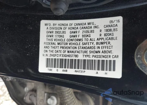 2016 Honda Civic Ex-T из США, поврежденный, VIN 2HGFC1F33GH657780